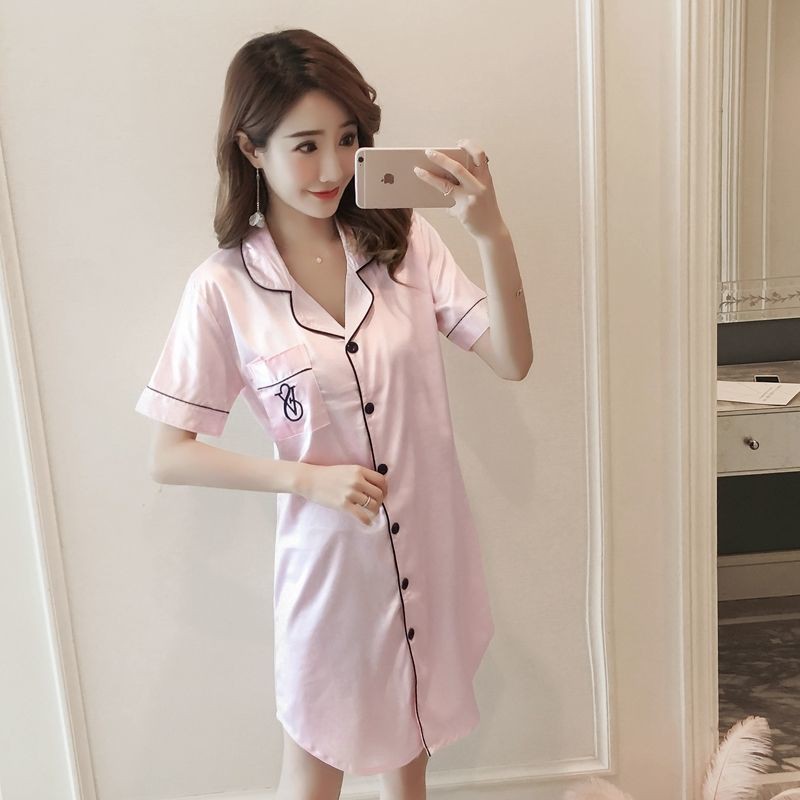 váy ngủ của phụ nữ ngắn tay mỏng gợi cảm dài rộng cardigan màu lạnh vải lụa băng giá lớn phục vụ tại nhàNN