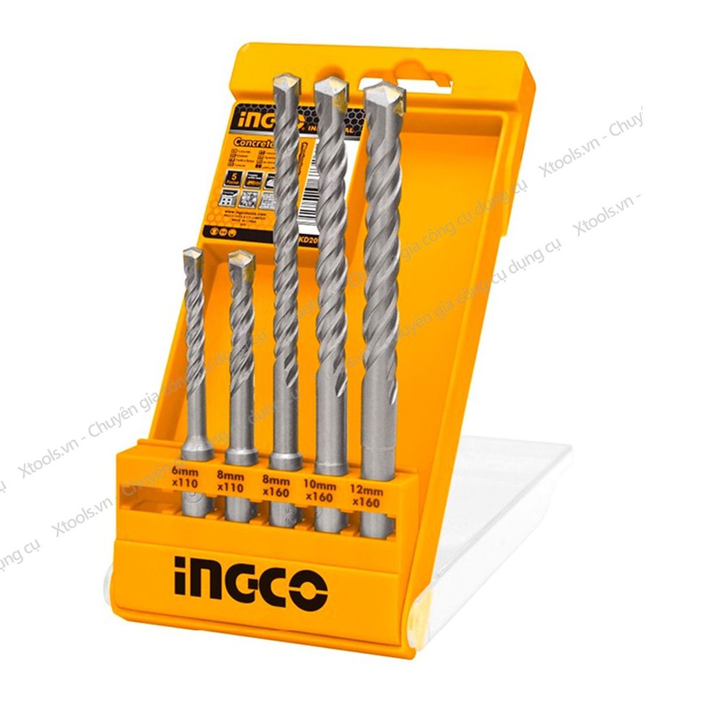Bộ mũi khoan bê tông đuôi gài 5 chi tiết INGCO AKD2052 6-12mm hợp kim siêu cứng, mũi khoan tường, gạch đá đa chức năng.