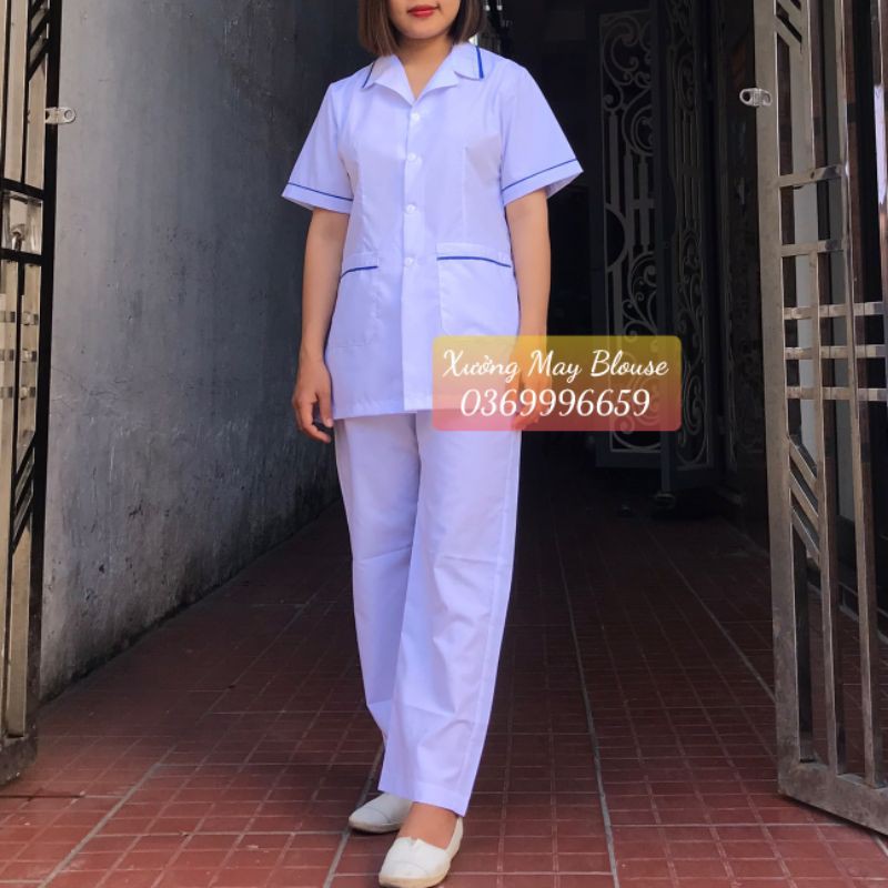 Bộ quần áo blouse y tá, điều dưỡng nam nữ cộc tay, dài tay có viền xanh