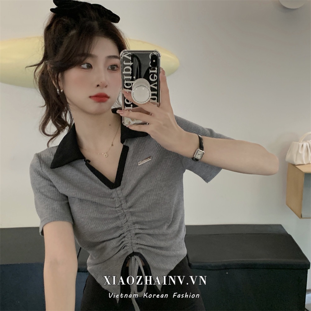 Áo Thun Croptop Tay Ngắn Cổ Chữ V Kiểu Hàn Quốc Thiết Kế Quyến Rũ Cho Nữ
