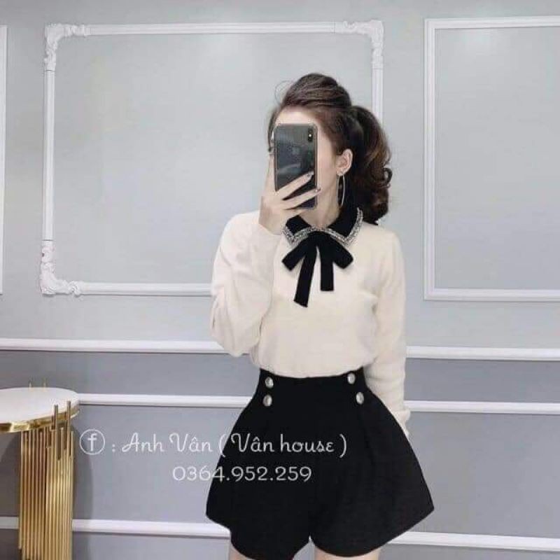 Áo len nơ cổ viền ren dài tay BCi