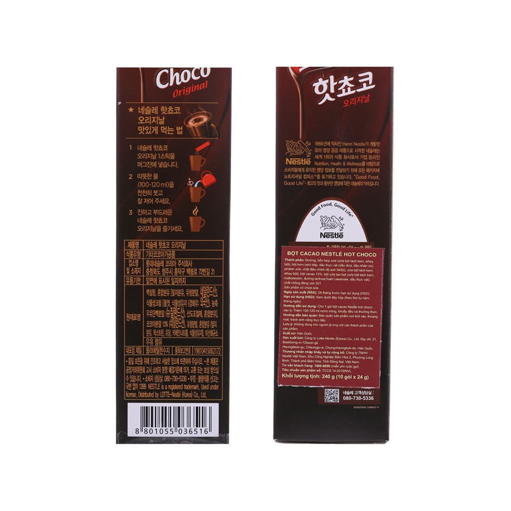 Nestle Hot Choco Original 240gr - Bột Cacao Nestle hộp (10 gói x 24gram) Nhập Khẩu Hàn Quốc date 2023