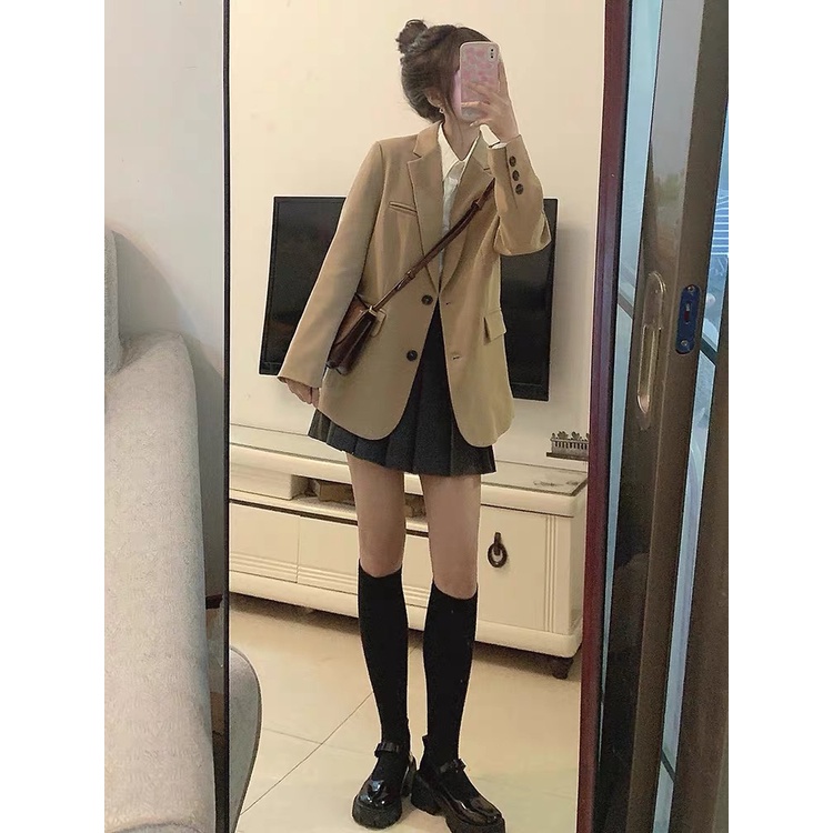 Set Áo Khoác Blazer Màu Cà Phê + Áo Sơ Mi Trắng + Chân Váy Mini Xếp Li Hợp Thời Trang Mùa