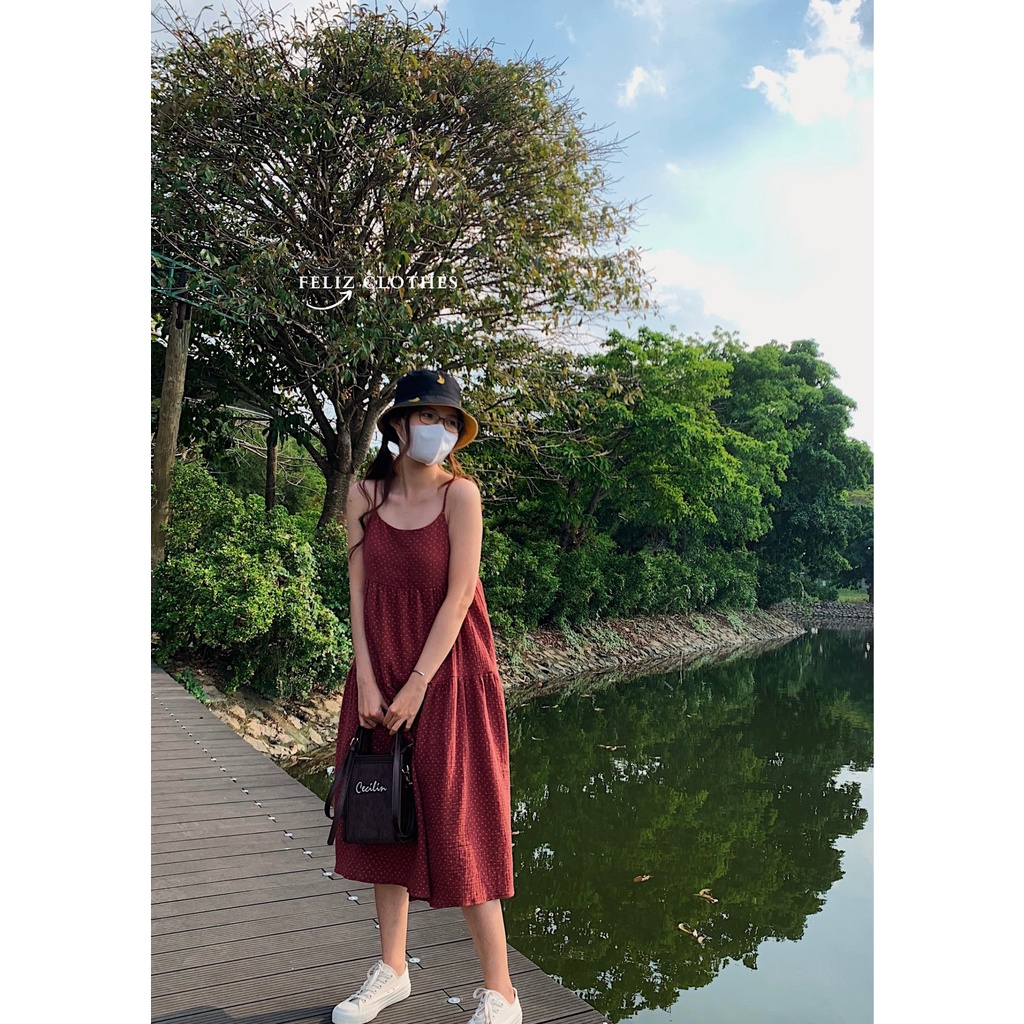 Đầm hai dây hoa nhí màu đỏ mận chất xô muslin cực fresh