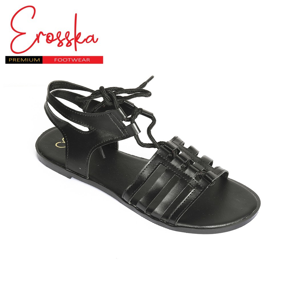Giày sandal đế bằng da mềm Erosska thắt dây màu đen