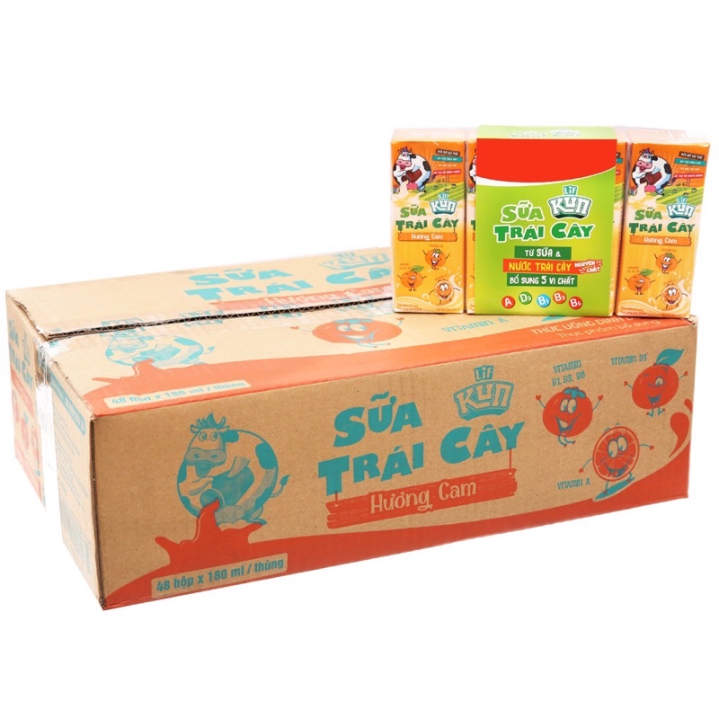 Sữa trái cây Kun các vị cam, dâu, nho, trái cây nhiệt đới (thùng 48hộp x 180ml)