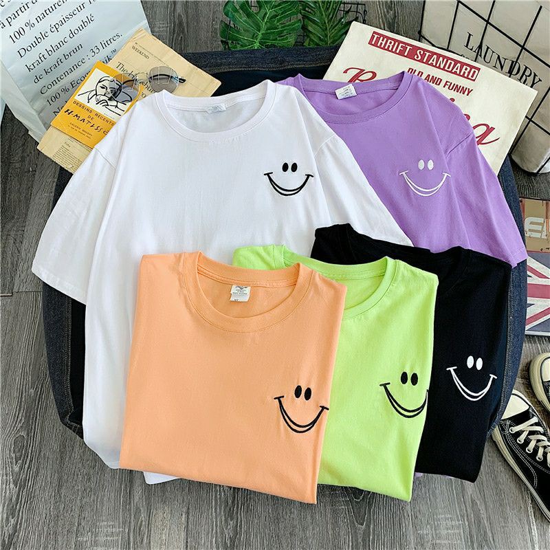 ÁO THUN UNISEX - THÊU HÌNH MẶT CƯỜI - HÀN QUỐC FORM RỘNG - HÀNG NHẬP QC