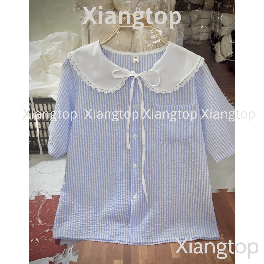 Áo sơ mi kẻ cổ bèo tiểu thư 2 màu ngắn tay kaca aosomicongsothietke