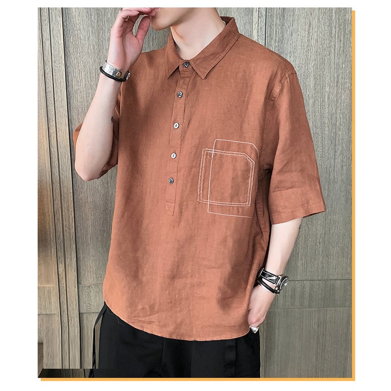 Áo sơ mi nam chất đũi cổ đức chui đầu túi chạy chỉ bò, thời trang hè thu 2022