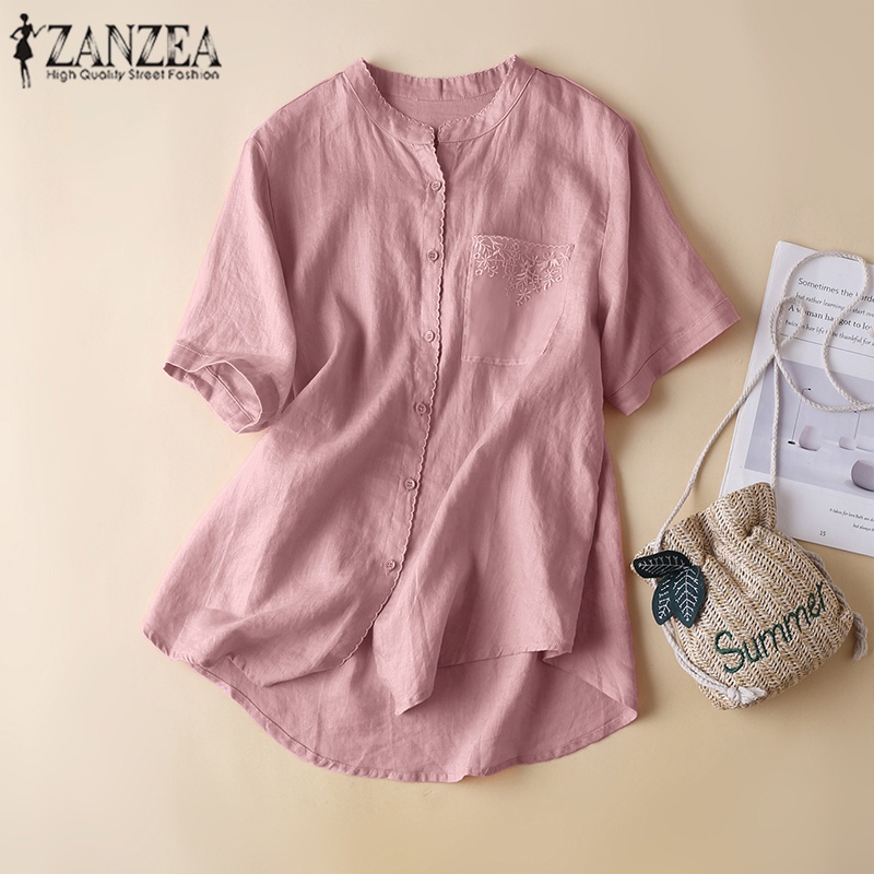 Zanzea Áo Thun Nữ Ngắn Tay Cổ Tròn Cài Nút Đơn Giản Thời Trang