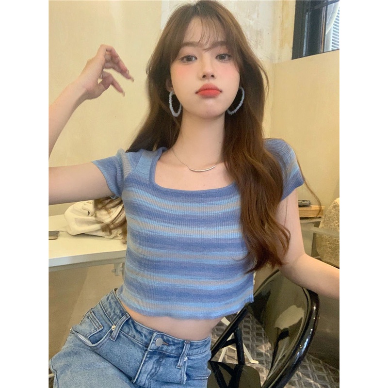 Áo thun len cầu vồng croptop cổ chữ U hottrend 2023 thiết kế mới nhất phong cách  uzzang Hàn Quốc