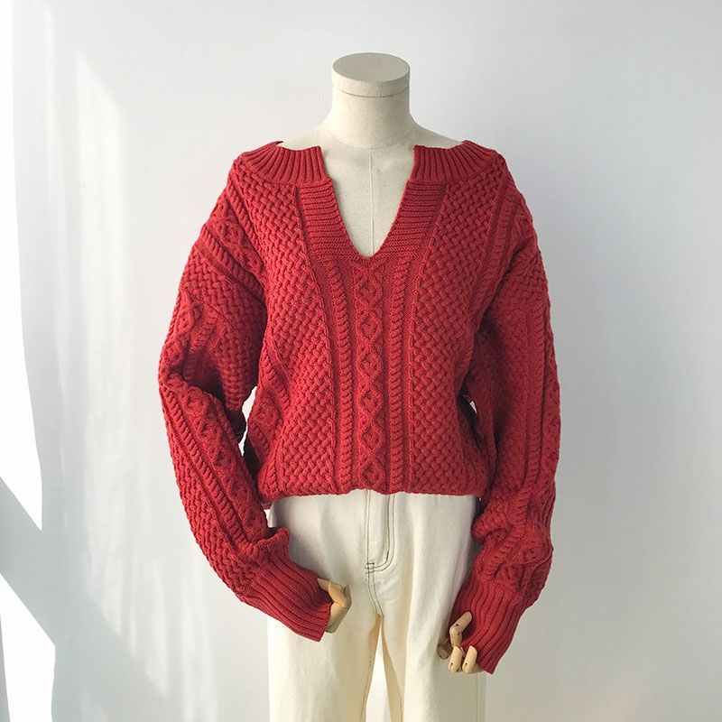 Áo sweater dáng rộng cổ chữ V màu xanh lá phong cách retrro cá tính cho nữ