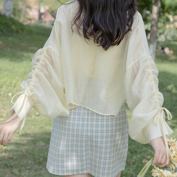 Áo Sơ Mi Chiffon Mỏng Dáng Rộng Tay Dài Màu Vàng Cho Nữ