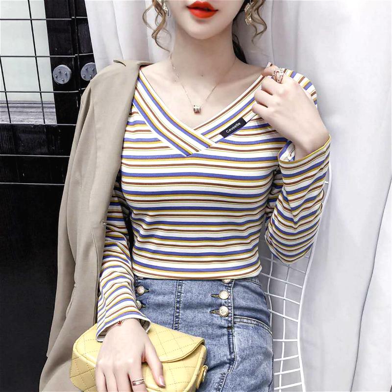 Áo Thun Tay Dài Cổ Chữ V Kẻ Sọc Thời Trang Mùa Thu Cho Nữ