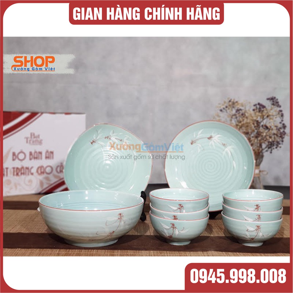 Bộ bát đĩa men xanh vẽ trúc 9 món đẹp xuất sắc, bộ đầy đủ chén ăn cơm,đĩa đựng thức ăn và tô canh - XƯỞNG GỐM VIỆT