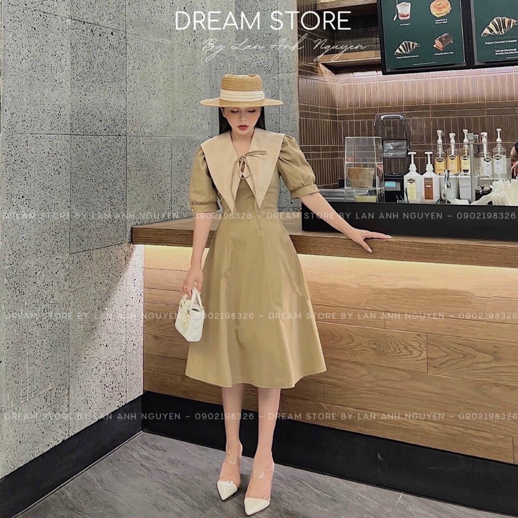 Đần nâu tiểu thư vintage, đầm cổ nhọn bèo to cột dây cổ tay búp dáng xòe màu sắc nhã nhặn đi tiệc cực sang trọng