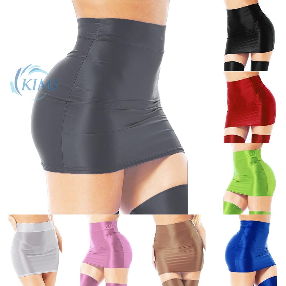 KIMI-Sexy Women\'s Oil Glossy Solid Pencil Bodycon Skirt High Waist Miniskirt Clubwear