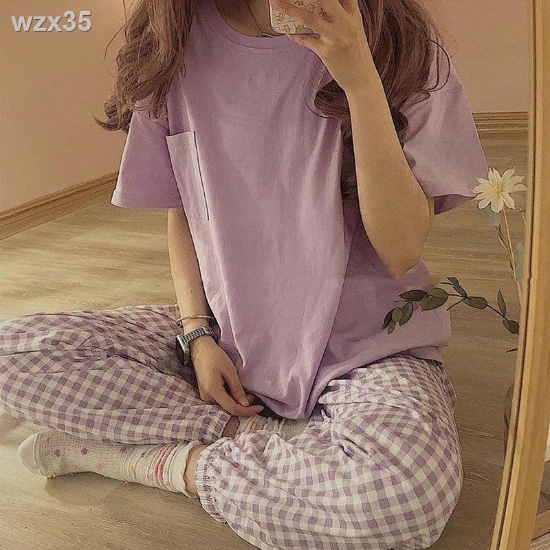 Korea ins hyuna Nhật Bản pijama kẻ sọc lưới nữ quần dài tay ngắn màu đỏ sinh viên bộ đồ dịch vụ ở nhà mỏng