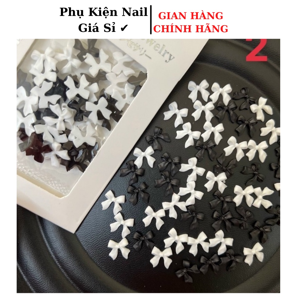 Sét charm nơ đen trắng dài, charm nail gắn móng