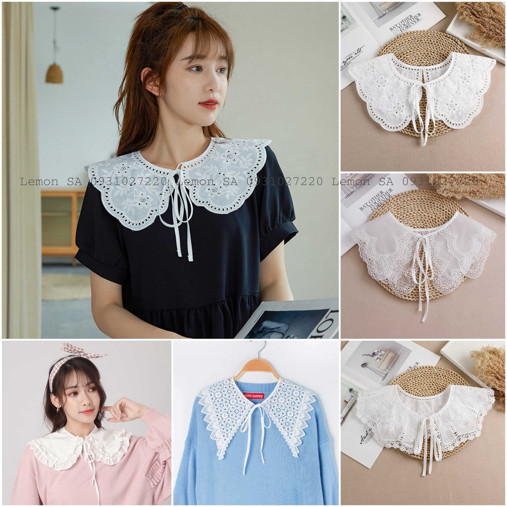 Cổ áo sơ mi giả tháo rời chất ren cách điệu, mặc cùng áo váy không cổ trẻ trung năng động dành cho nữ - CTTH