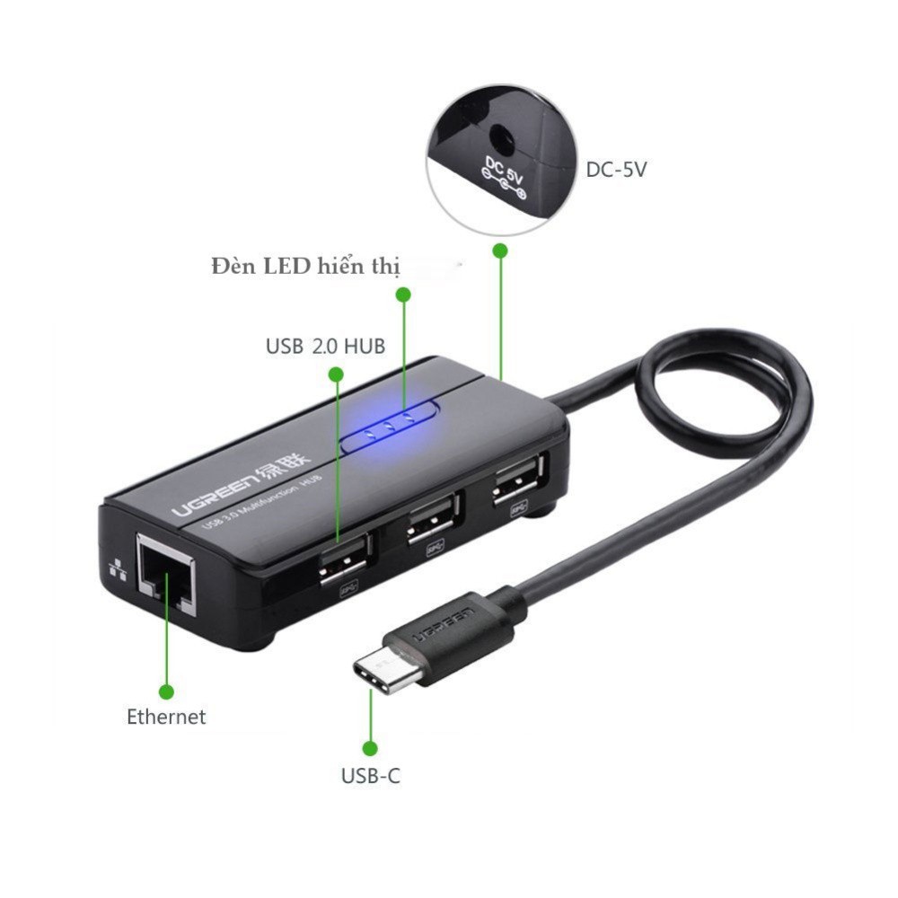 "Chính hãng" Hub USB bộ chia USB type C ra 3 cổng USB 2.0 và 1 cổng Lan tốc độ 10/100 Mbps dài 40Cm Ugreen 30289