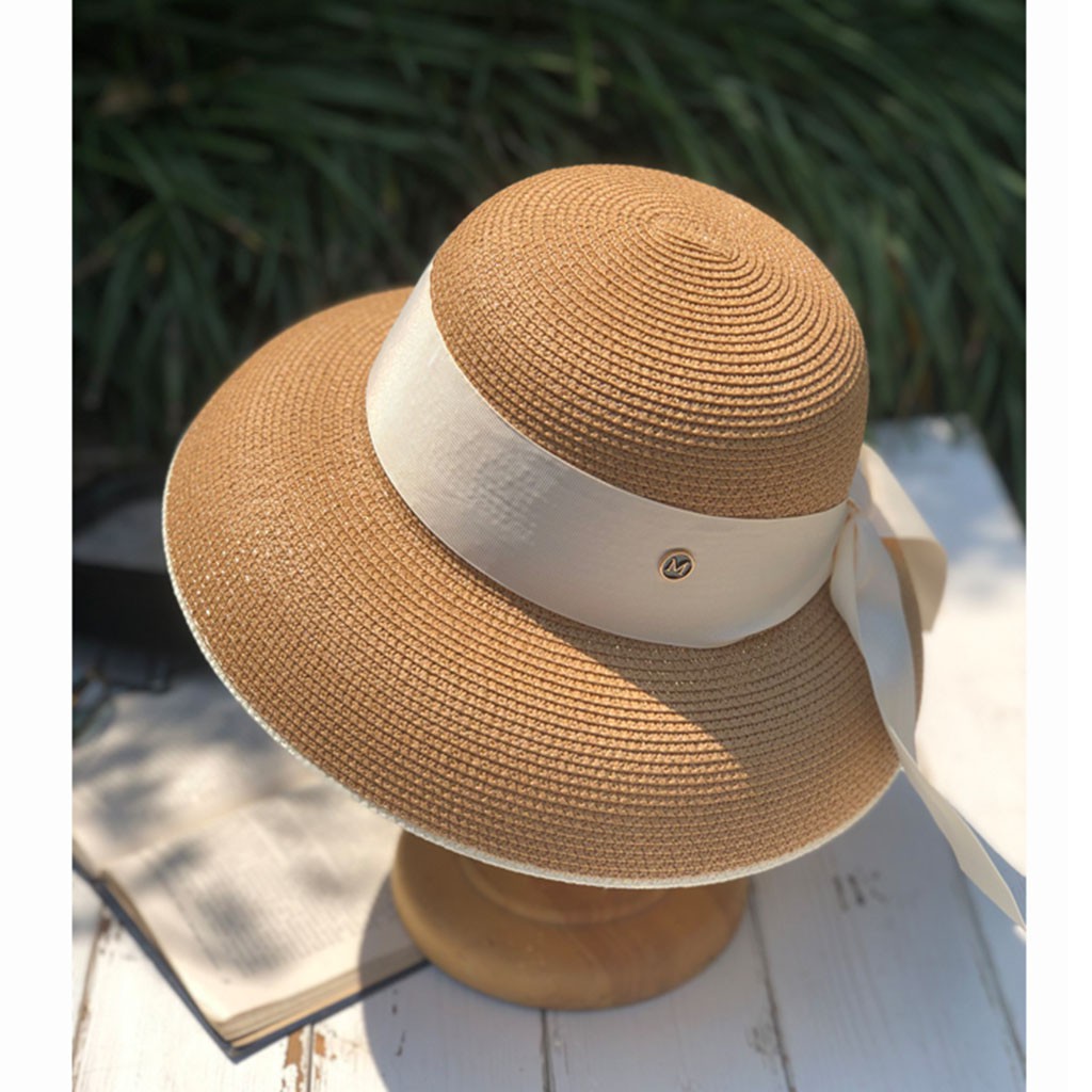 Mũ chụp đèn Hepburn retro phong cách Pháp/ nón cói chuông rộng vành chống nắng đi biển du lịch mùa hè thắt nơ bản to