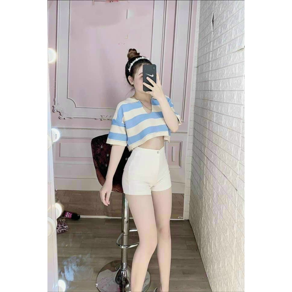 Áo kiểu croptop cổ bẻ sọc ngang cực hot , chất thun coton mềm mịn
