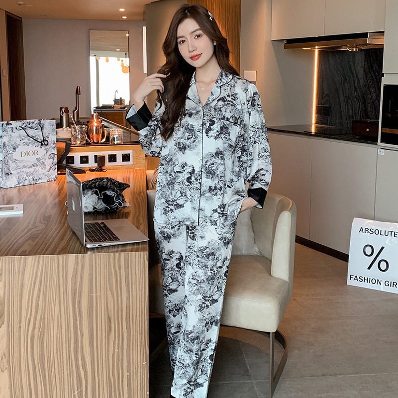 Bộ Đồ Ngủ Dài Tay Bằng Lụa Mát In Họa Tiết Thời Trang Xuân Thu Cho Nữ