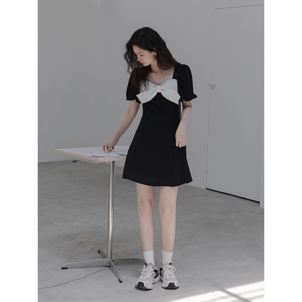 Đầm Chữ A Tay Phồng Thắt Nơ Eo Phong Cách Hàn Quốc Thời Trang Dành Cho Nữ