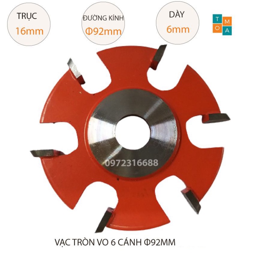 MŨI SOI GỖ - MŨI PHAY VẠC TRÒN VO 6 CÁNH PHI 92MM X 6MM X TRỤC 16MM