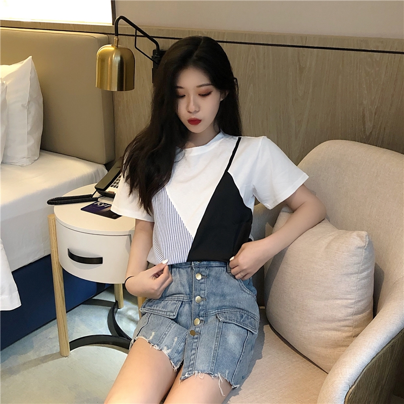 SUXI Áo thun kẻ sọc cổ tròn tay ngắn