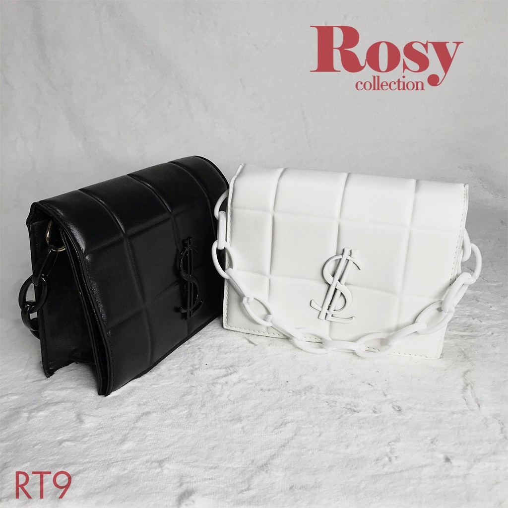 Túi cầm tay $ dây xích, túi đeo chéo ROSY RT9 chữ nhật hoạ tiết lưới kim cương bằng da sành điệu