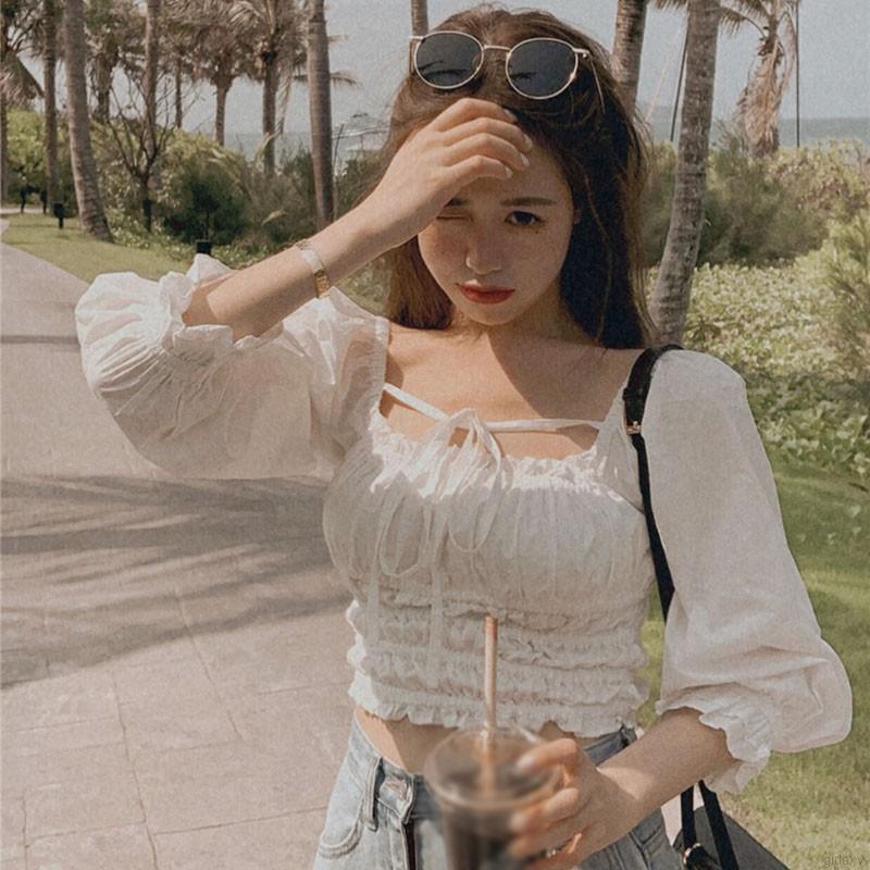 Korean Style Sweet Plain Long Sleeve Square Neck Top