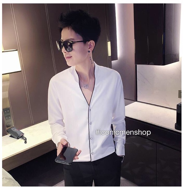 Sơ mi nam thiết kế ,cổ chữ V phối viền
