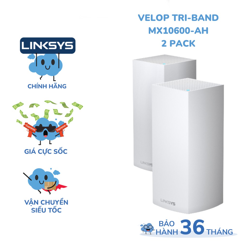 (2 PACK) Bộ phát wifi LINKSYS VELOP MX10600 chuẩn AX tốc độ 5300mbps tri-band interlligent mesh wifi 6 MU-MIMO system