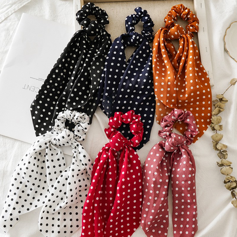 Scrunchies Dây Buộc Tóc Vải Chấm Bi Phong Cách Âu Mỹ