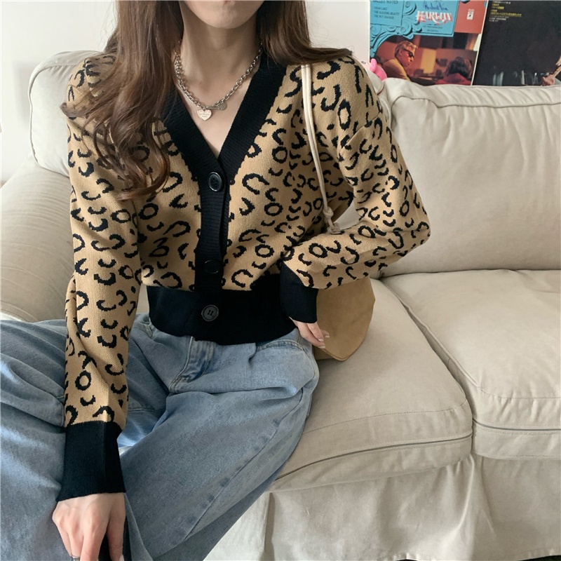 Áo Khoác Cardigan Dệt Kim Cổ Chữ V Hoạ Tiết Da Báo Thời Trang Mùa Đông