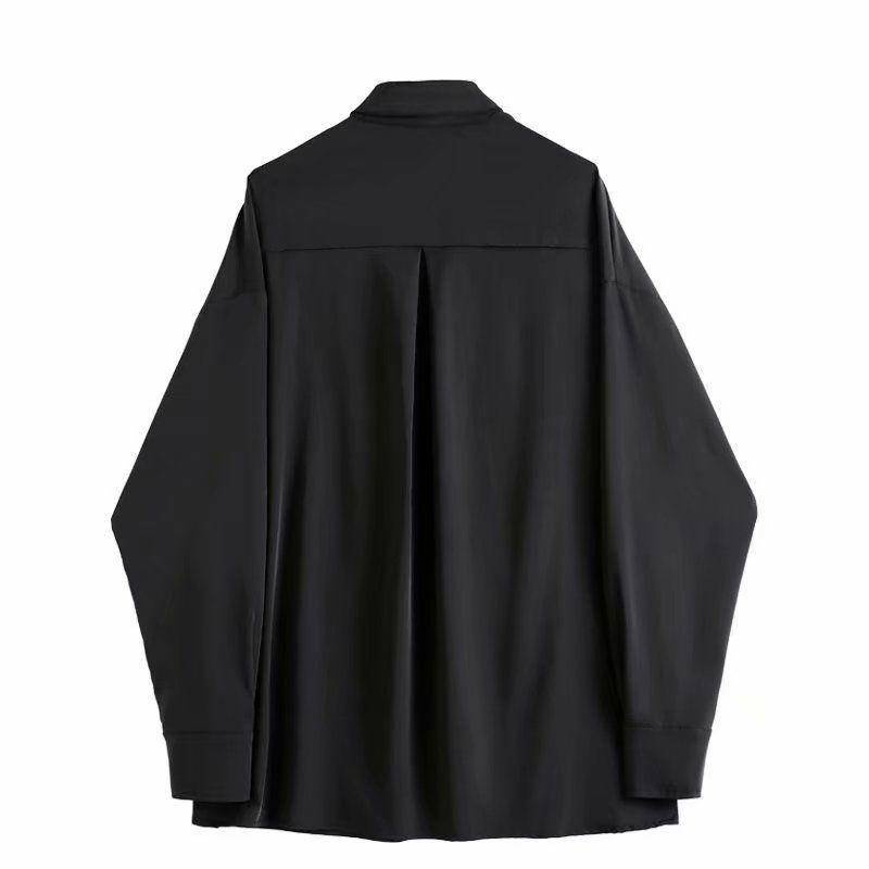 Áo Sơ Mi Đen Dài Tay Dáng Rộng Dây Xích Kim Loại Không Đối Xứng Trang Trí Hình Dạng Áo Sơ Mi Unisex