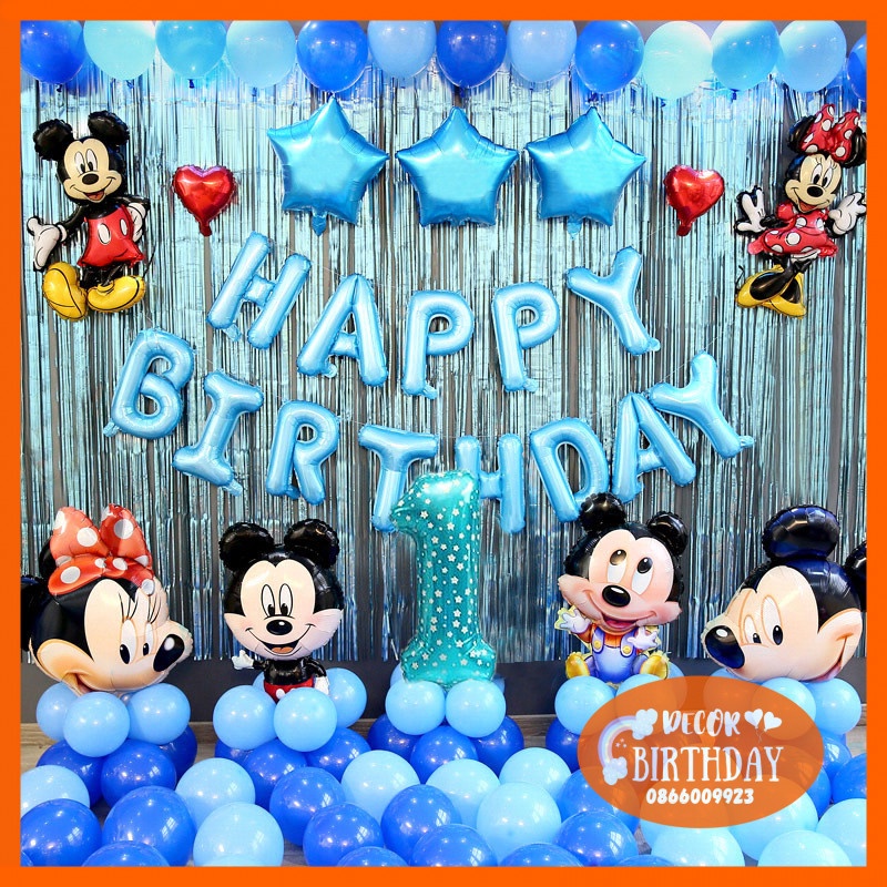 Set Trang Trí Sinh Nhật TUỔI CHUỘT Cho Bé Trai, Bóng Hình Mickey Đủ Mẫu, Set Y Hình Tặng Kèm Đồ Bơm Băng Dính