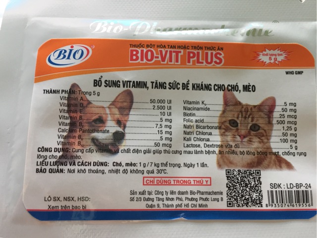 Vitamin tăng sức đề kháng cho chó mèo Bio- Vit Plus gói 5G