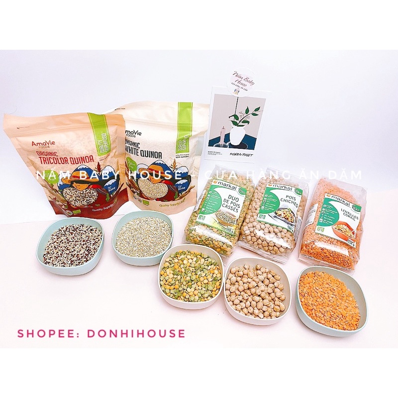 Các loại hạt hữu cơ cho bé ăn dặm: đậu gà, đậu lăng đỏ, quinoa ( diêm mạch) , hà lan