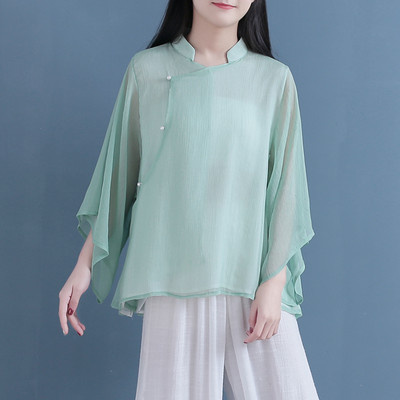 Áo sơ mi nữ voan cải tiến Hanfu cải tiến cổ điển qingli Áo sơ mi phong cách quốc gia hai tầng phong cách Trung Quốc quần