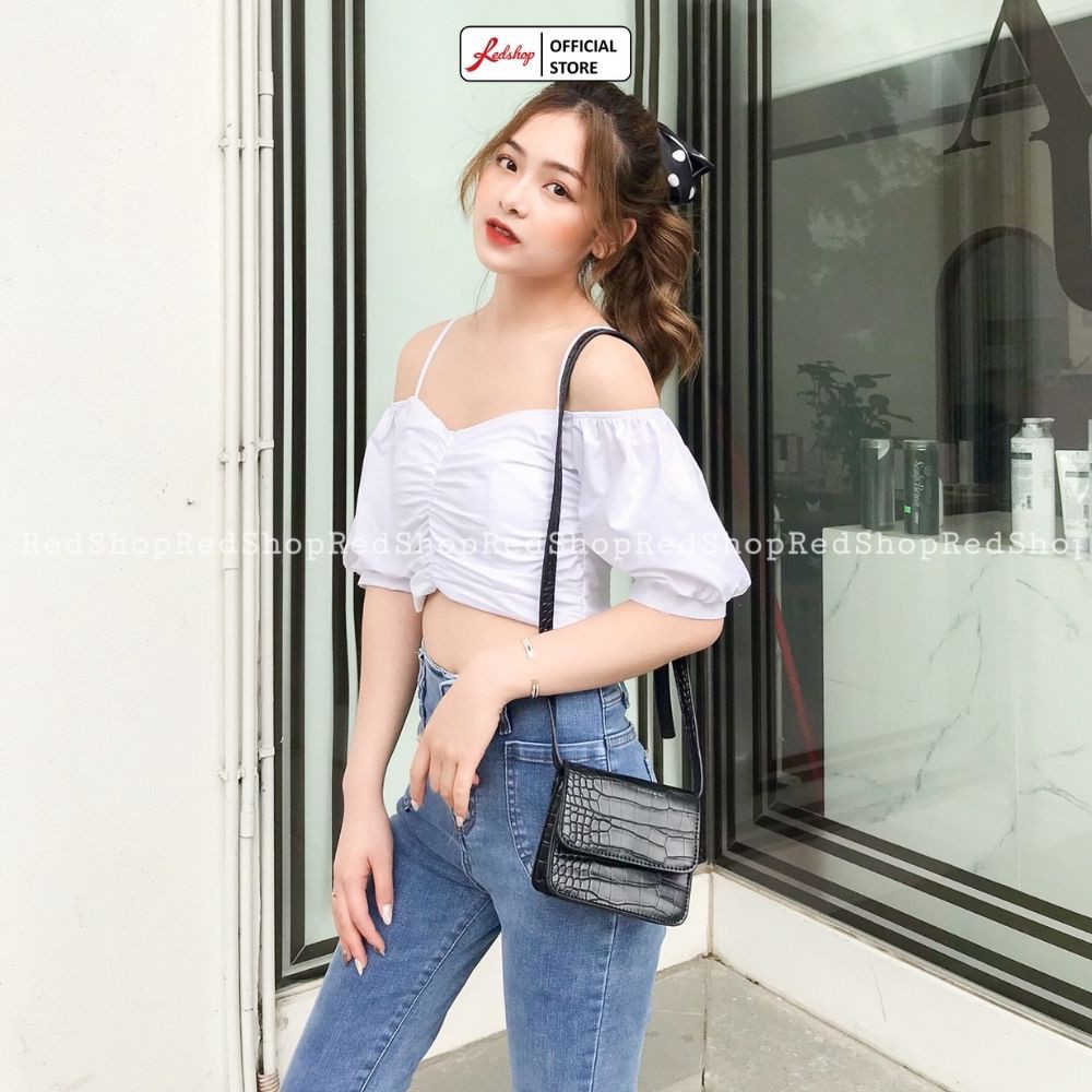 Áo Sơ Mi Croptop Trễ Vai Dây Vải Thô Chun Màu Trắng REDSHOP