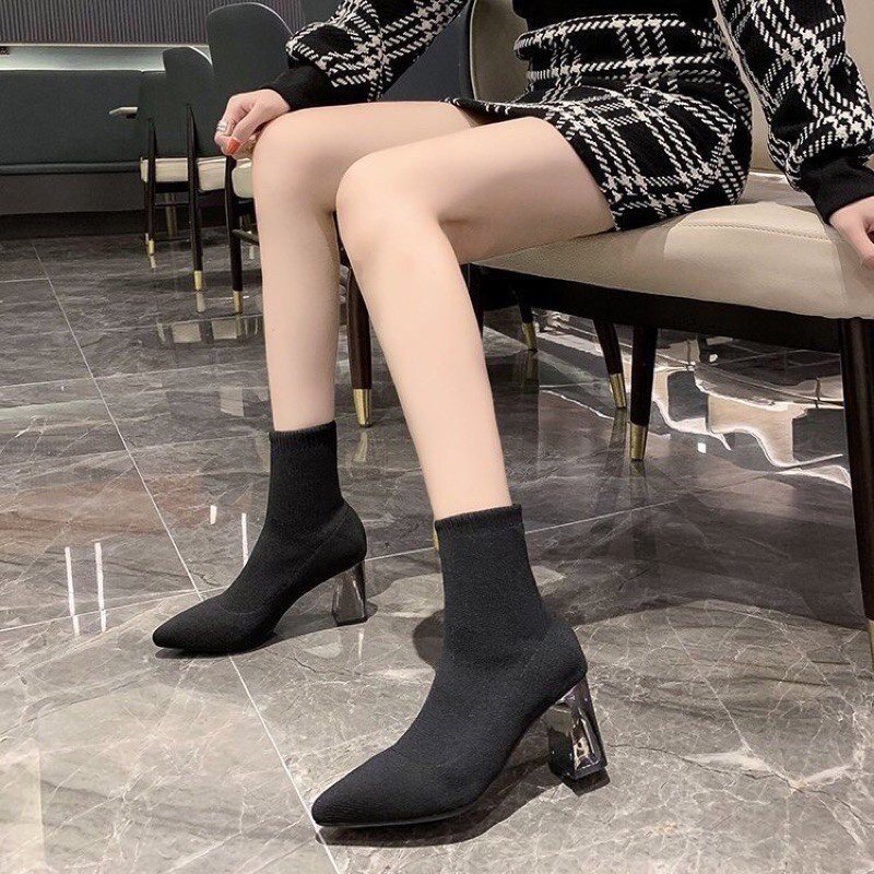 Giày bốt nữ Cổ Lửng Gót 7cm cao cấp, Boot len nữ thời trang