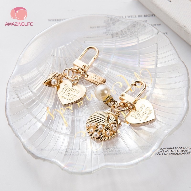 [Amazinglife] Móc Khóa Kim Loại Hình Vỏ Sò / Trái Tim Đính Ngọc Trai Sang Trọng Tinh Tế Thời Trang Cho Nữ