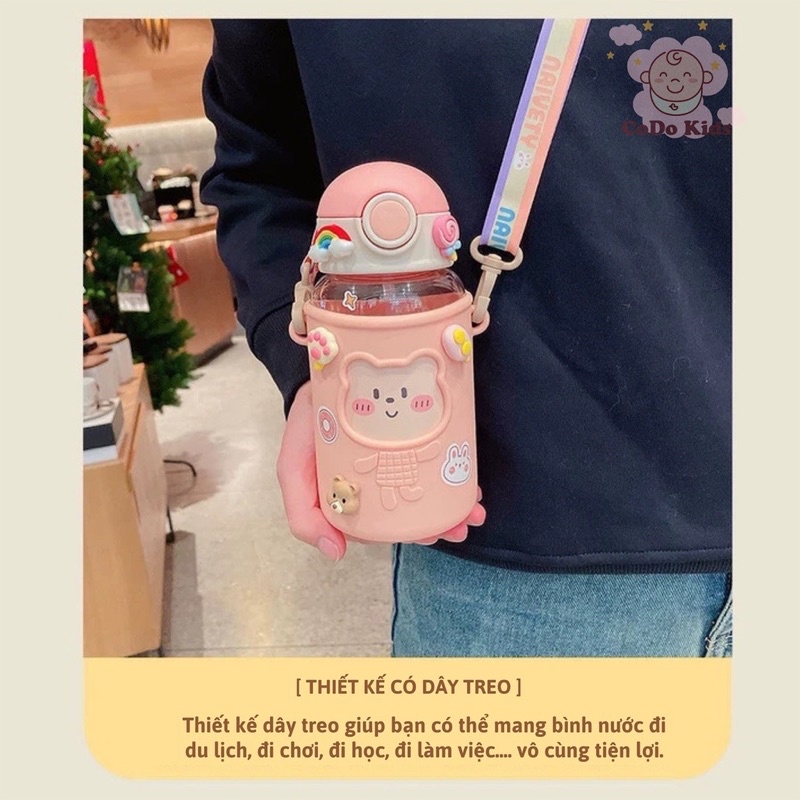 Bình nước kèm dây đeo gấu 620ml gấu siêu cute kèm sticker siêu xinh luôn