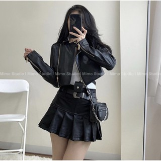 [ĐỢI 10 NGÀY]- Váy da PU xếp ly xòe chữ A ngắn