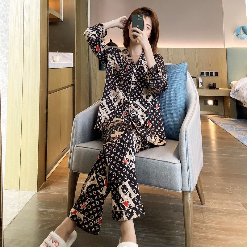 Bộ đồ ngủ tay dài chất lụa lạnh phong cách Hàn Quốc thời trang xuân thu cho nữ | BigBuy360 - bigbuy360.vn