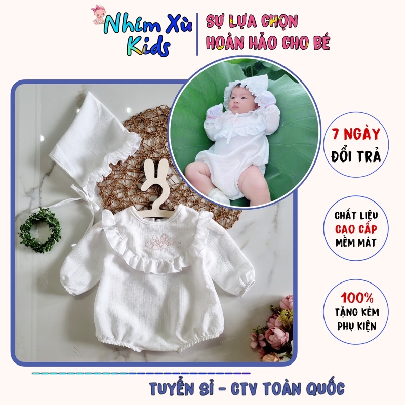 Body Trắng Cổ Thêu Cho Bé Gái 3 Đến 12kg, Bodysuit Bé Gái Kèm Nón Và Giày Chất Đũi Xốp [A144]