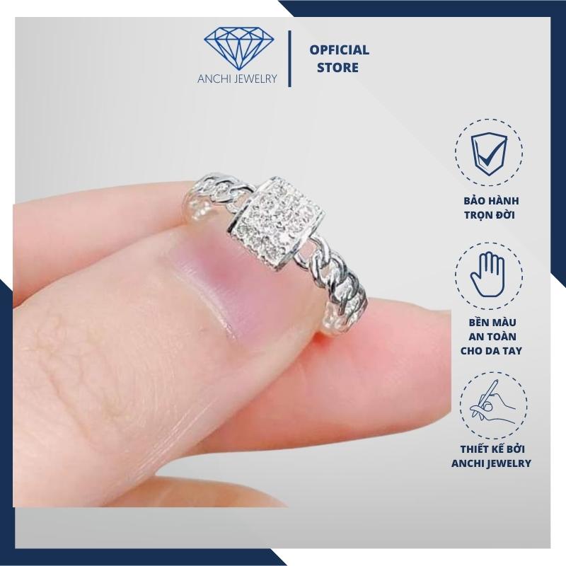 Nhẫn nữ mặt vuông thân xích đính đa, chuẩn bạc ta, Anchi jewelry